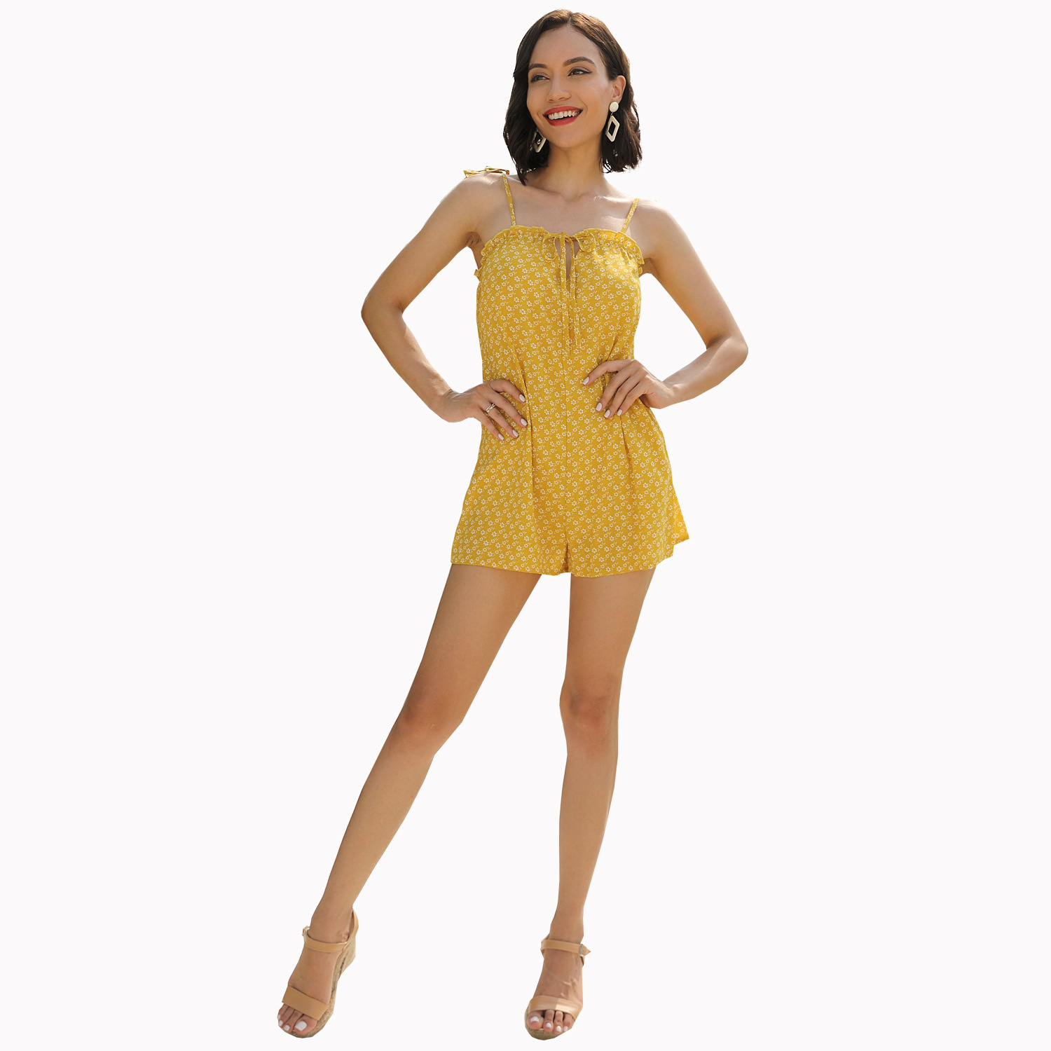 Floral Ruffle Trim Casual Jumpsuit Womens Sleeveless Design Perfect for Vacation and Summer Wear Wholesale Available