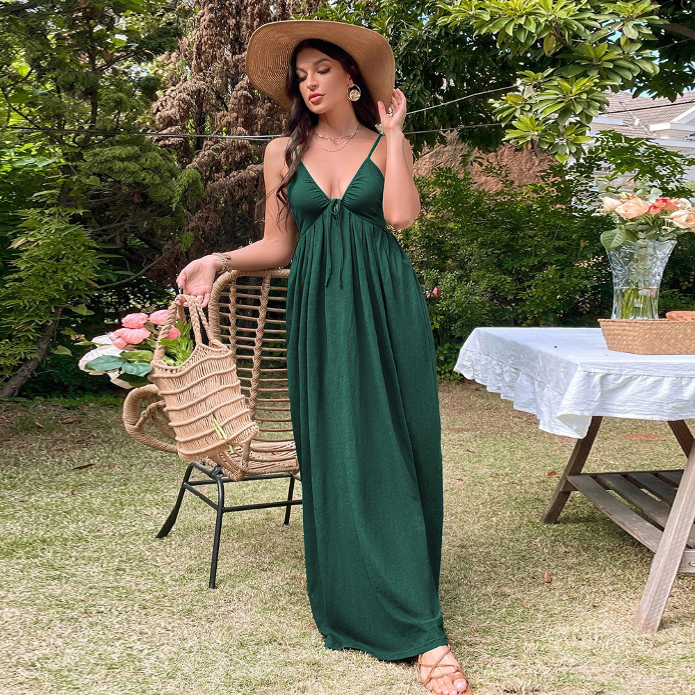 New European and American Style Vacation Beach Long Dress Sexy Backless Waist Slim A line Strap Dress