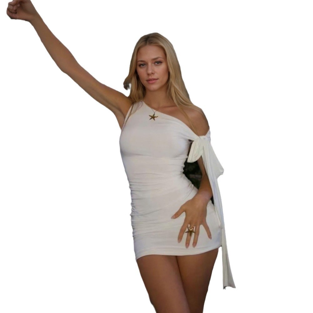 Cross border Women's Sexy Celebrity Style Dress Spring Summer New Asymmetrical Shoulder Short Skirt