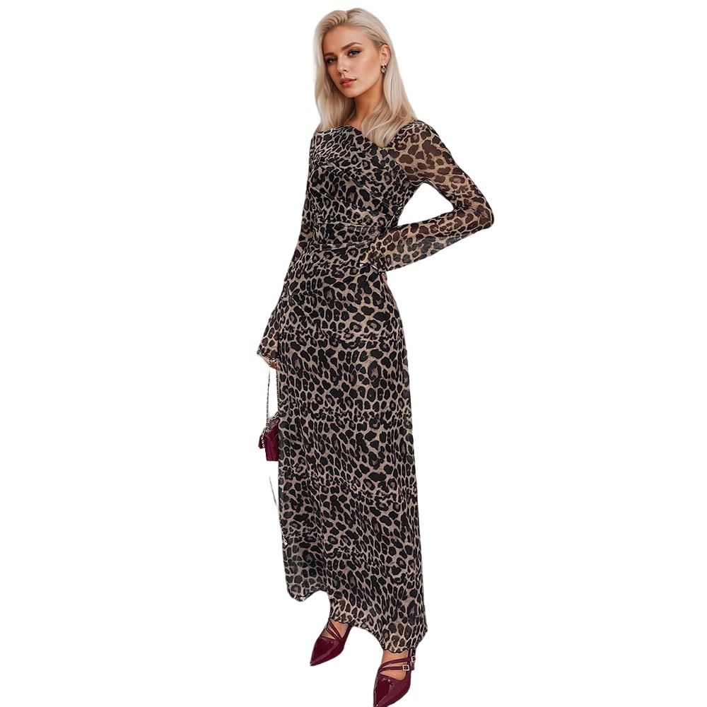 New Cross Border Women's Dress with Asymmetrical Neckline, Long Sleeve, Sexy Leopard Print, Elegant Long Party Dress