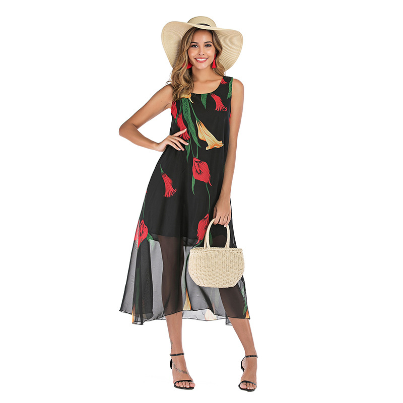 Womens Beach Dress Sleeveless Round Neck Floral Print Flowy Chiffon Summer Casual Wear Wholesale Available
