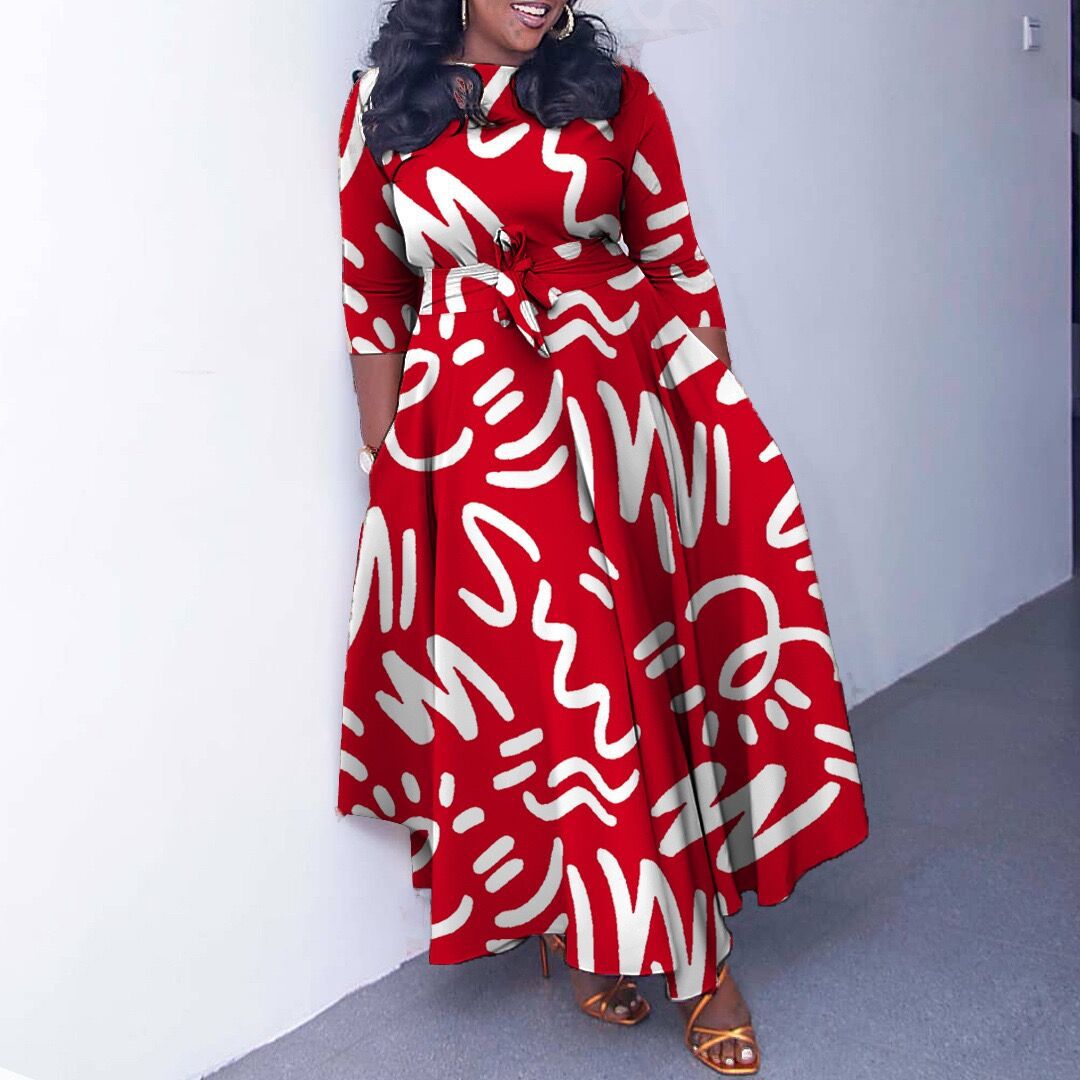 Plus Size African Dress — Fashionable Floral Print, Tie Neck, Flared Hem — Spring Summer Style — Wholesale Supply Terms