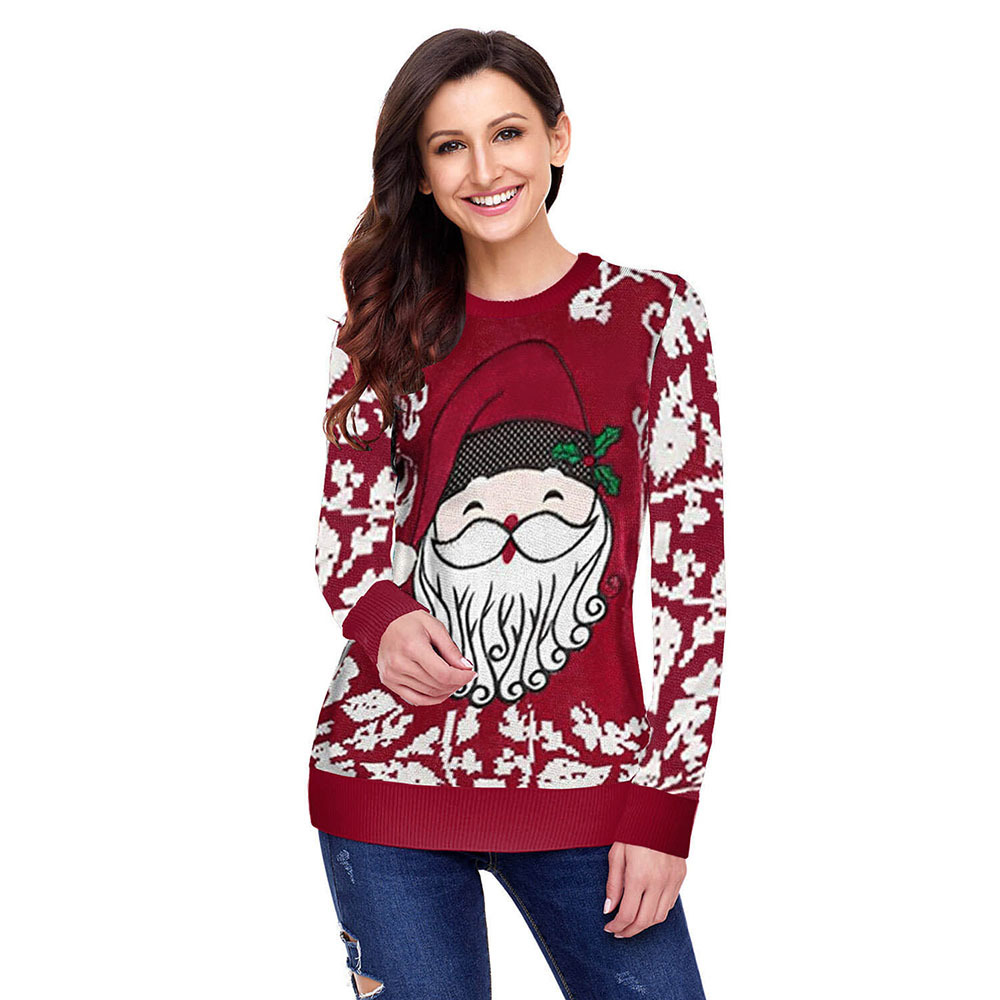 Womens Christmas Sweater European Style Reindeer Print Round Neck Long Sleeve Winter Fashion Wholesale Available