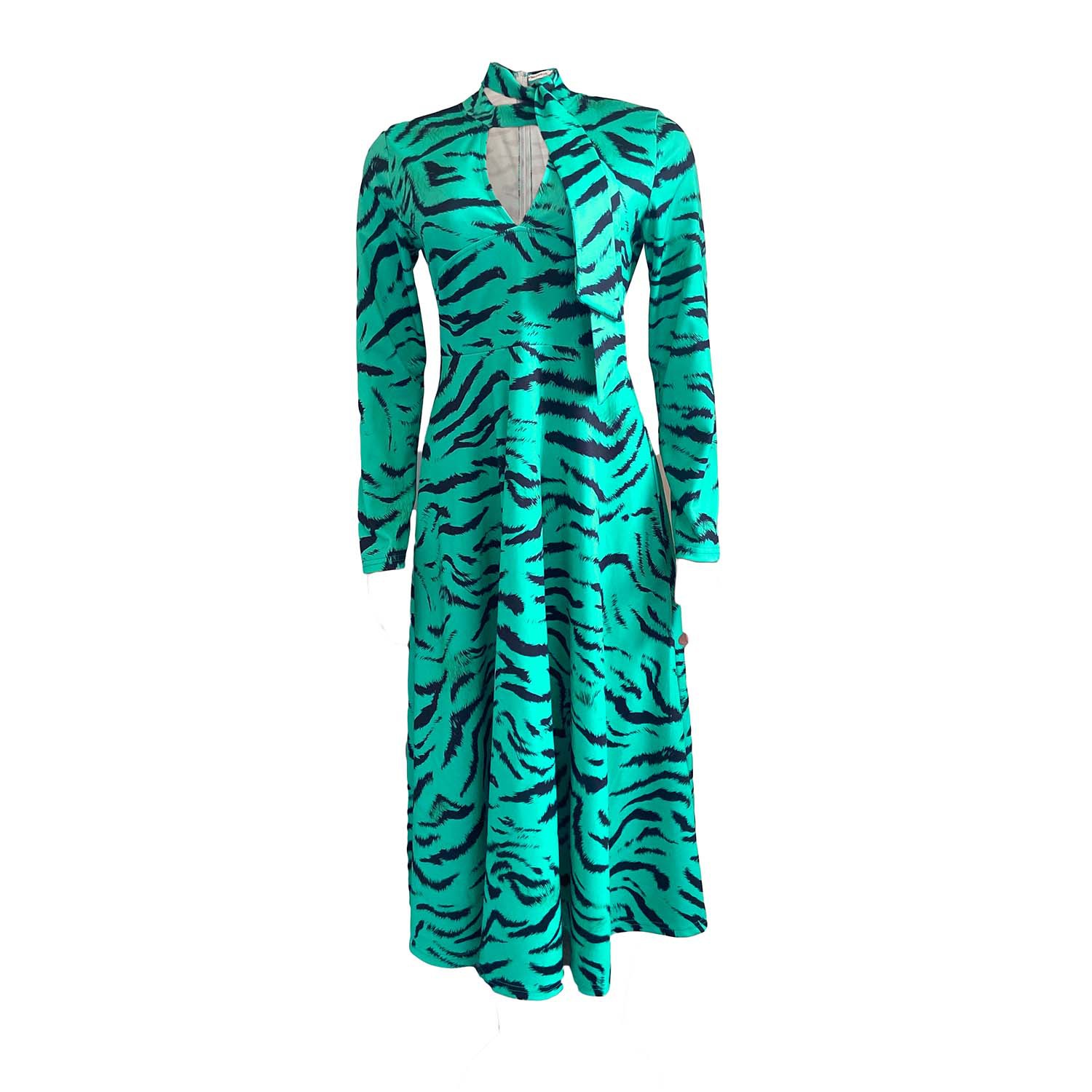 D3065M Women's Autumn Winter Elegant Commuter Long Sleeve High Waist Flared Printed Dress