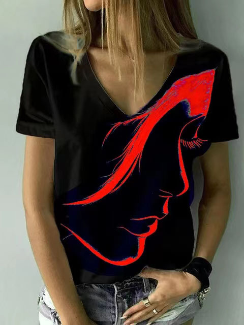 V Neck Printed Short Sleeve T Shirt for Women Casual Style Lightweight Fabric Trendy Design Wholesale Available