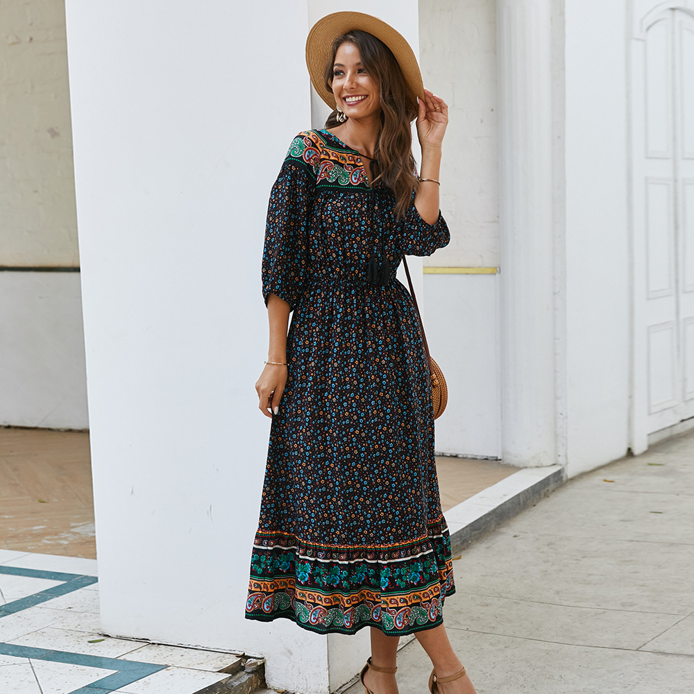 Bohemian Floral Print Dress Original Design Lightweight Fabric Summer Style Perfect for Casual Outings Wholesale