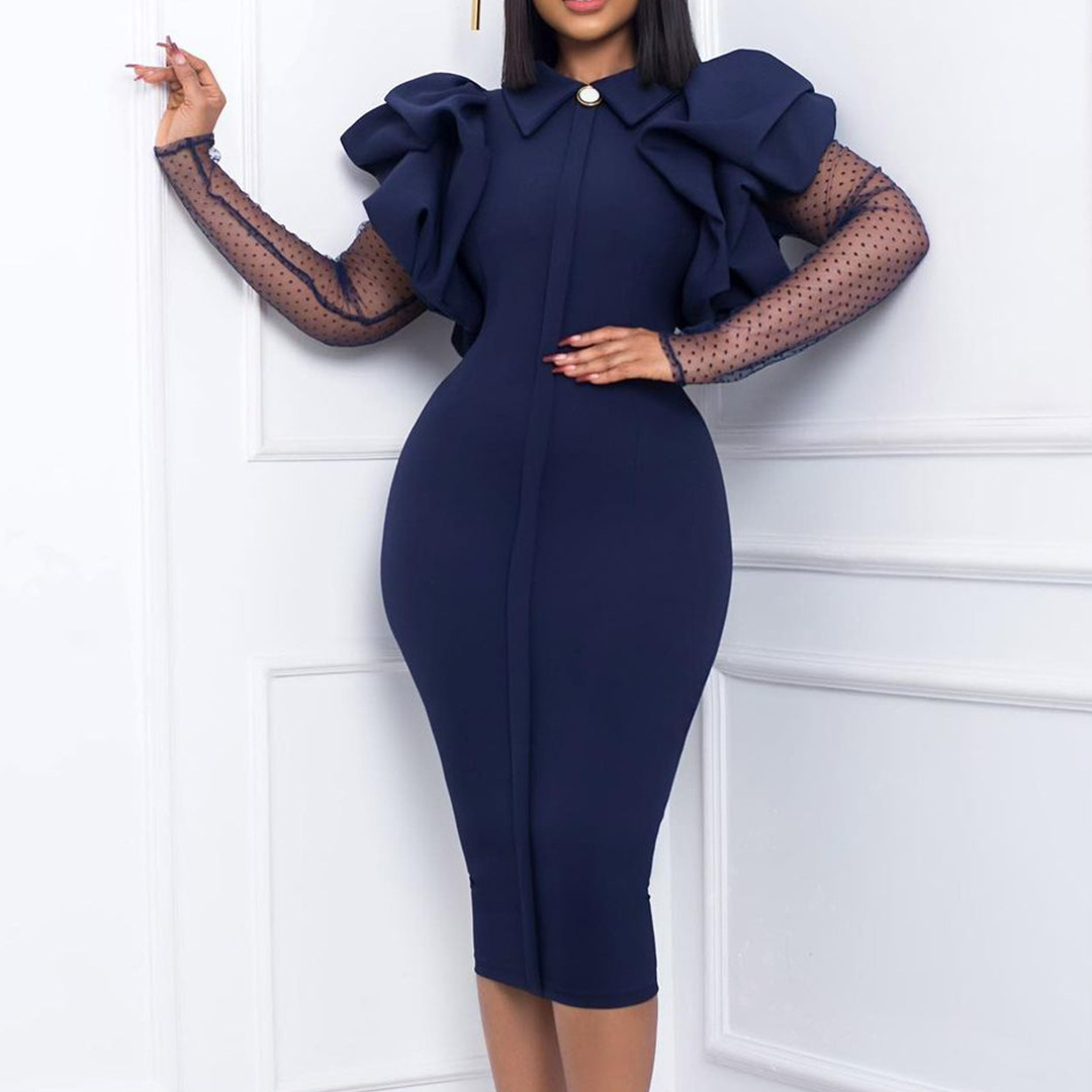 Elegant Plus Size Women's Dress with Mesh and Pleated Design for Office Wear, Autumn and Winter Fashion, Casual Chic Style