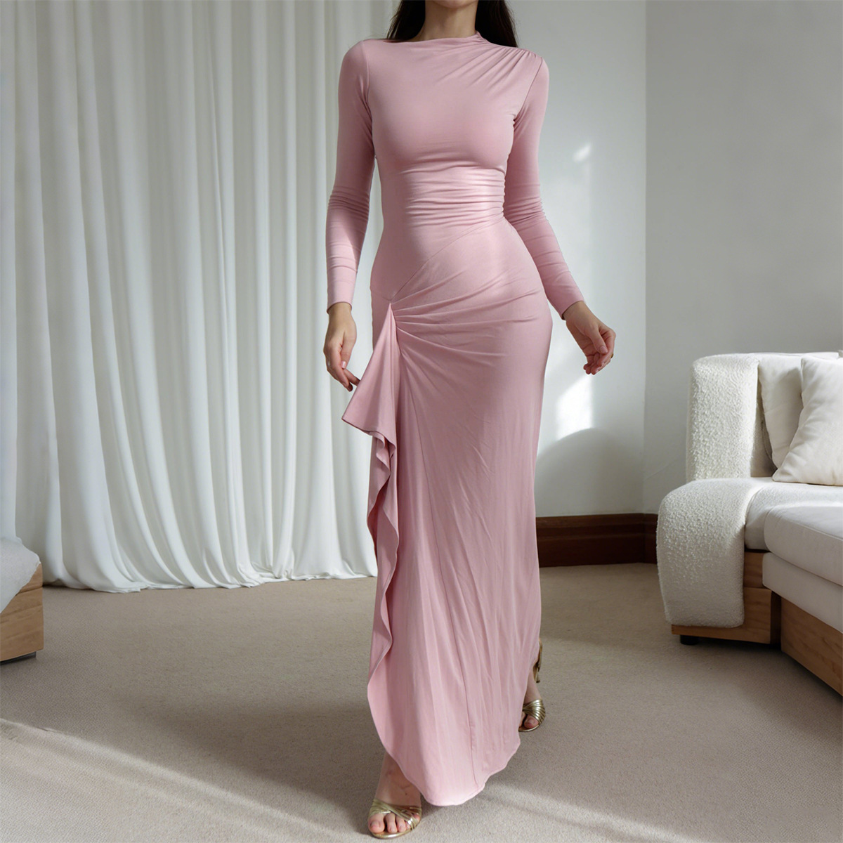 Y2K Style Short Sleeve Long Dress for Women Autumn Winter