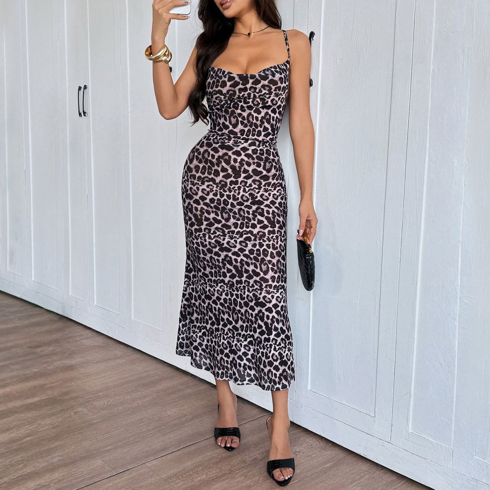 Summer New Slim Fit Bodycon Sexy Backless Spaghetti Strap Leopard Print Fashion Dress Mid Length Dress