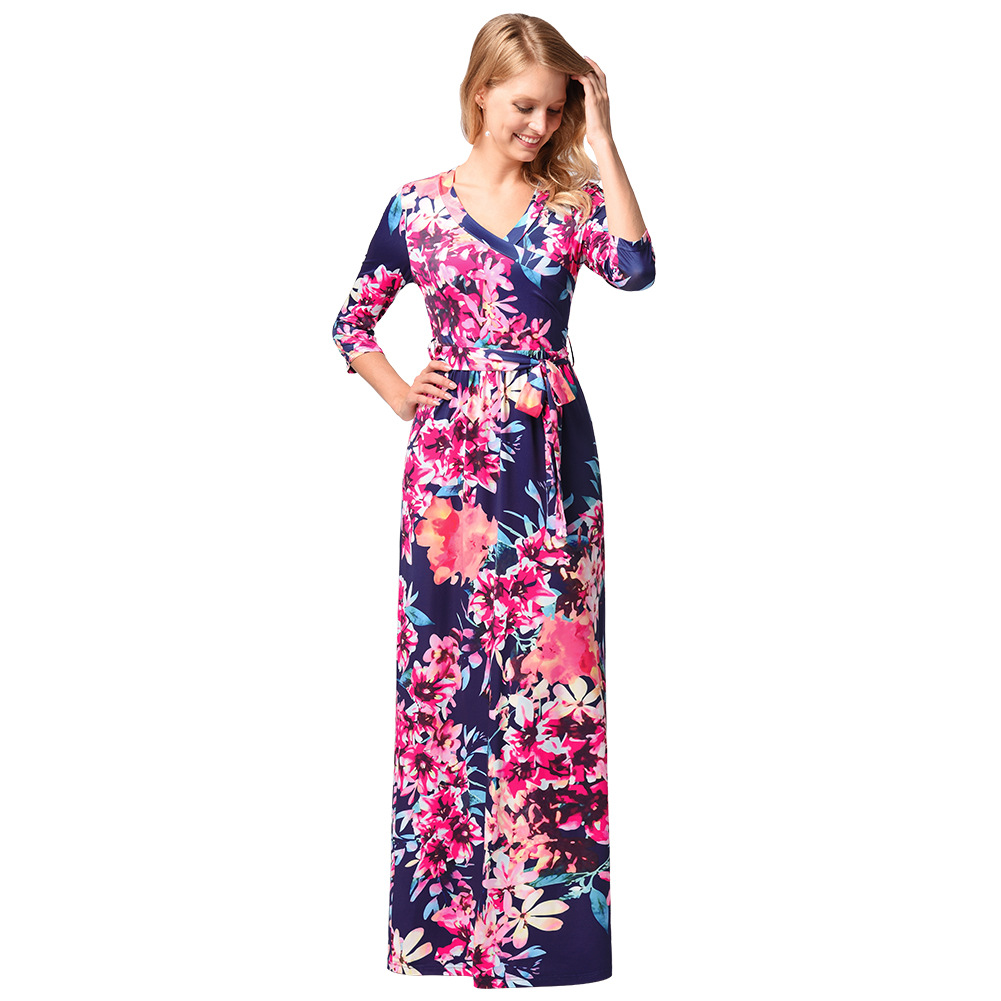 Summer Womens Long Dress Floral Print V Neck Midi Sleeve Flowy Design Perfect for Casual Outings Wholesale