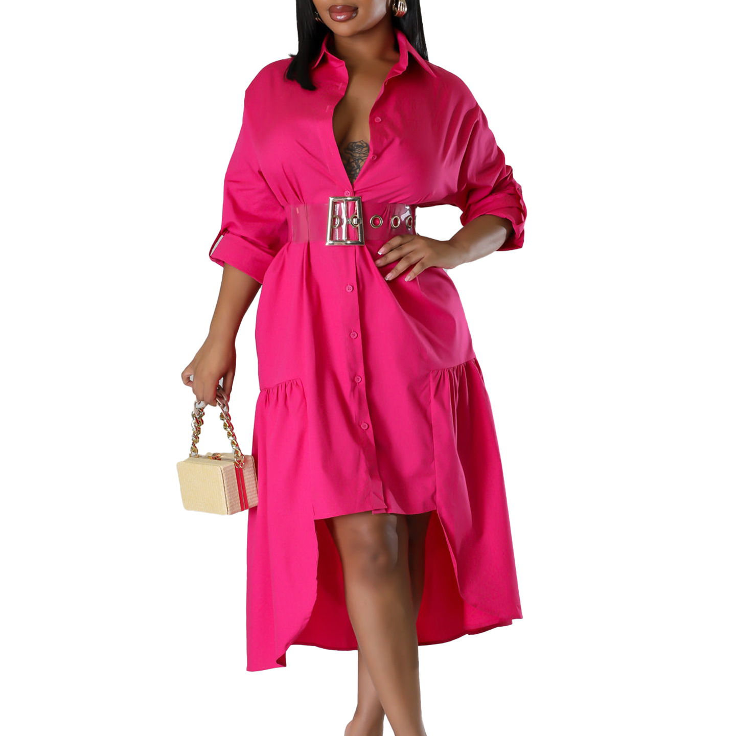 Fashionable Women's Loose Casual Button Up Shirt Dress with Lapel, Solid Color, Irregular Hem, European and American Style