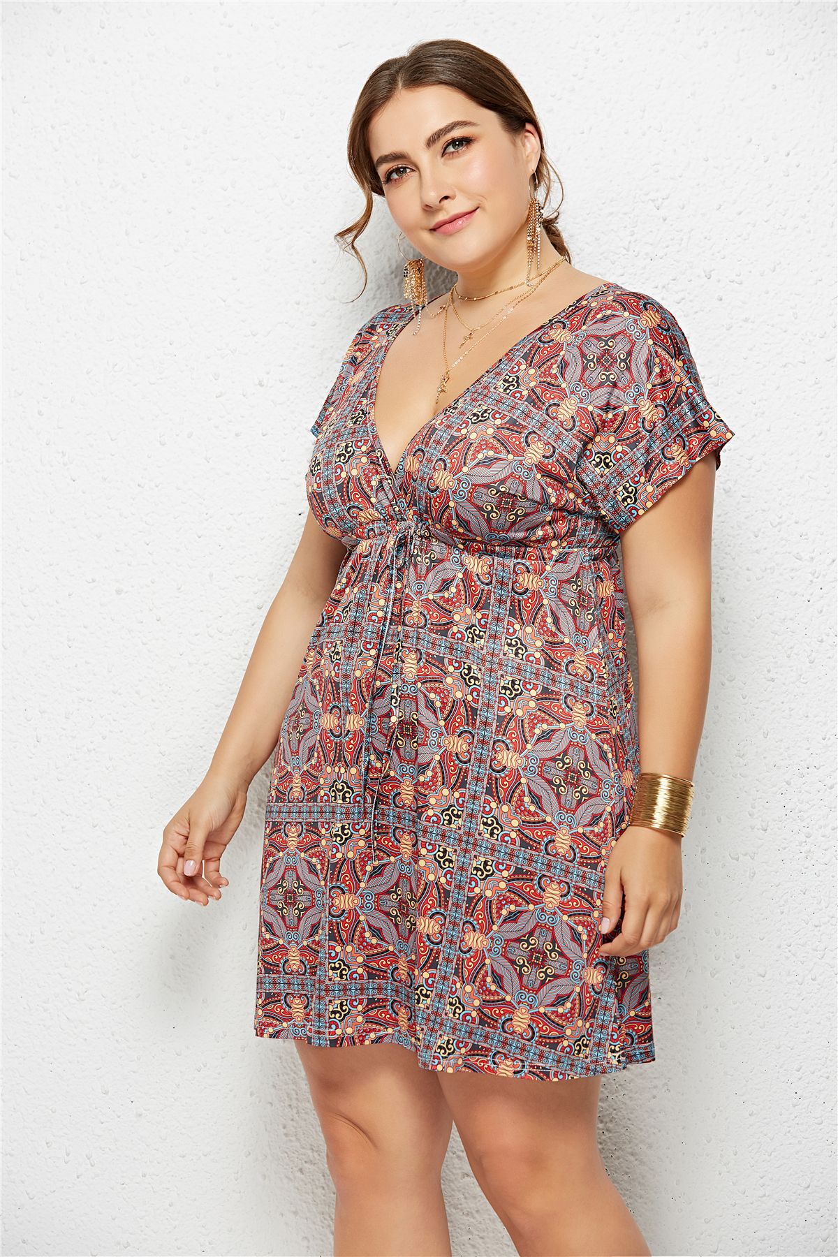 Plus Size V Neck Digital Print Dress Beachwear Vacation Style Comfortable Fit Wholesale Available