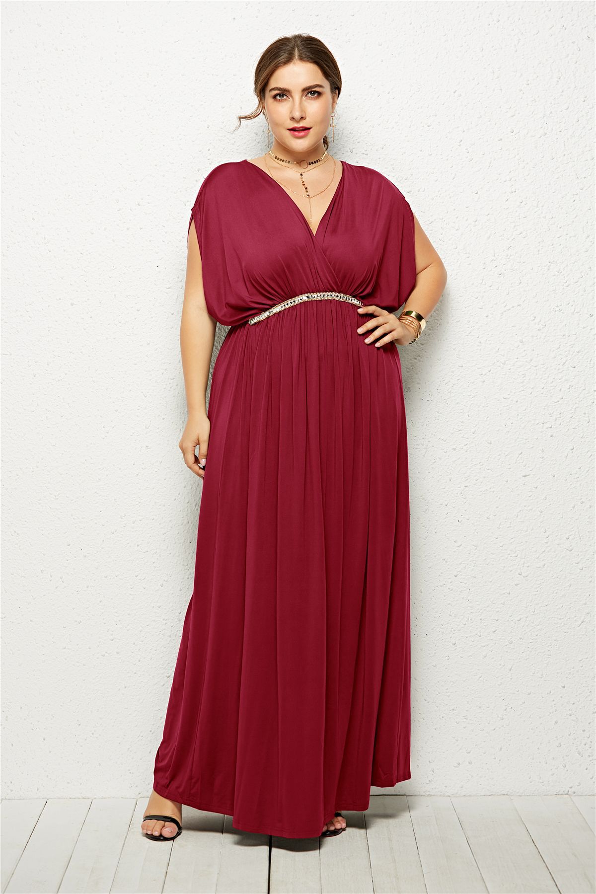 Plus Size Batwing Sleeve Maxi Dress Sexy Deep V Neck High Waist Fashionable Design Evening Party Wear for Curvy Women