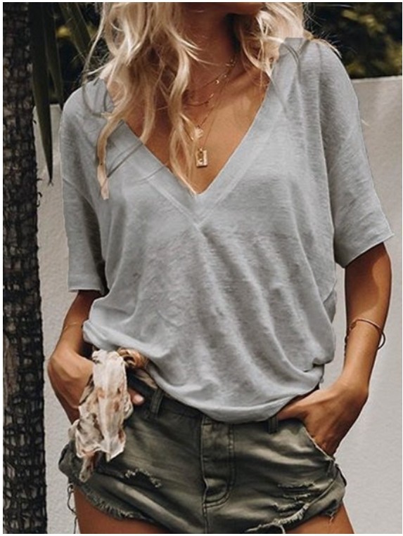 Womens Casual T Shirt V Neck Short Sleeve Solid Color Versatile Everyday Wear Wholesale Available