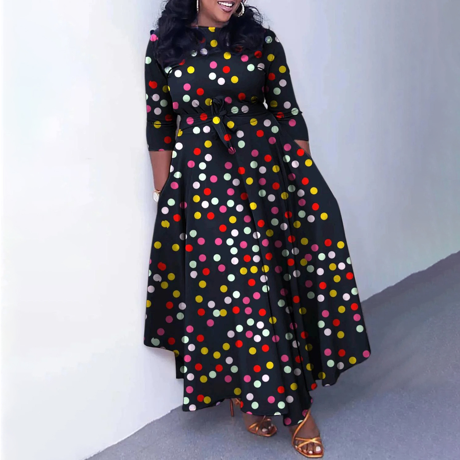 Plus Size African Dress — Fashionable Floral Print, Tie Neck, Flared Hem — Spring Summer Style — Wholesale Supply Terms