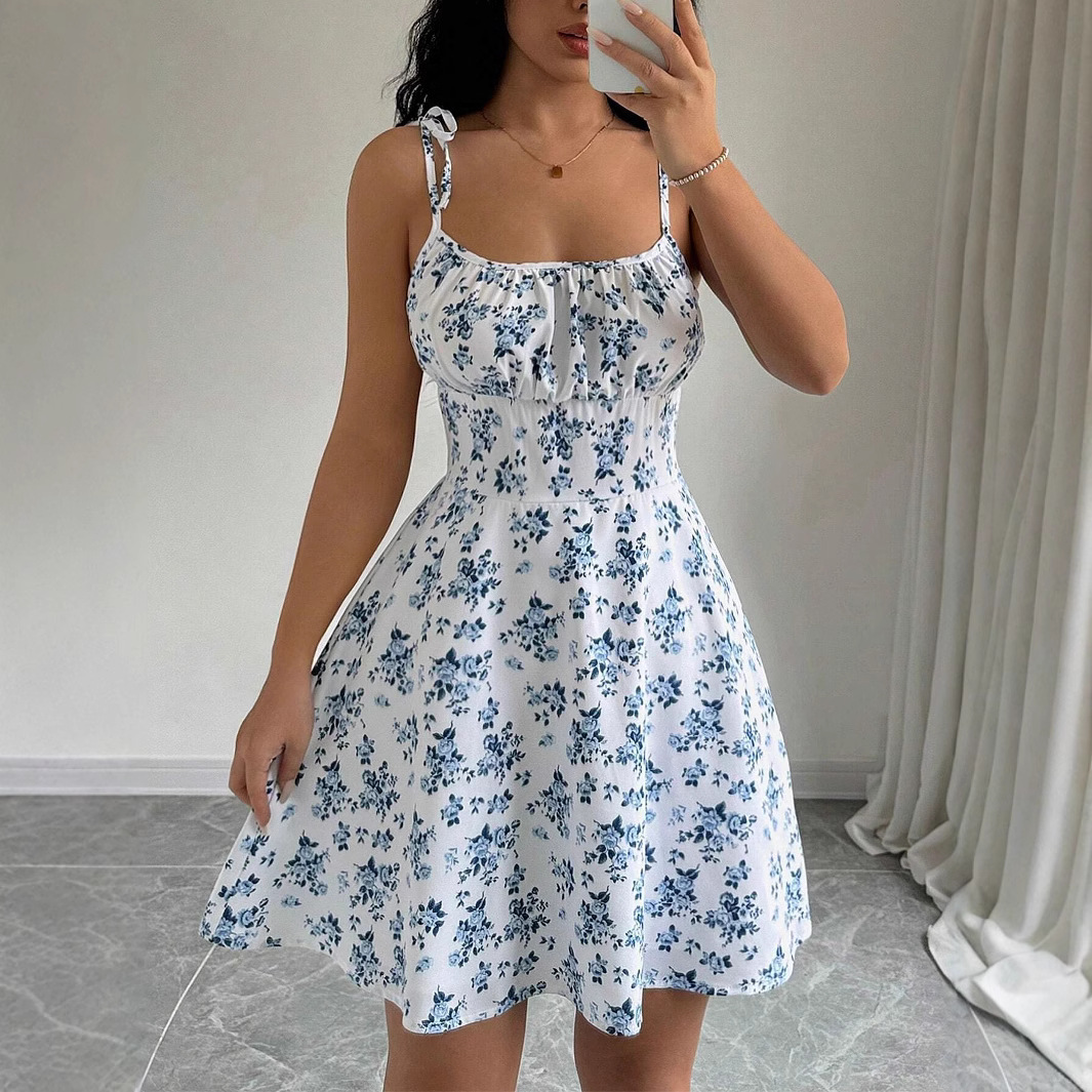 Floral Print Short Dress Sleeveless Square Neck Summer Style Casual Wear for Women Wholesale Available