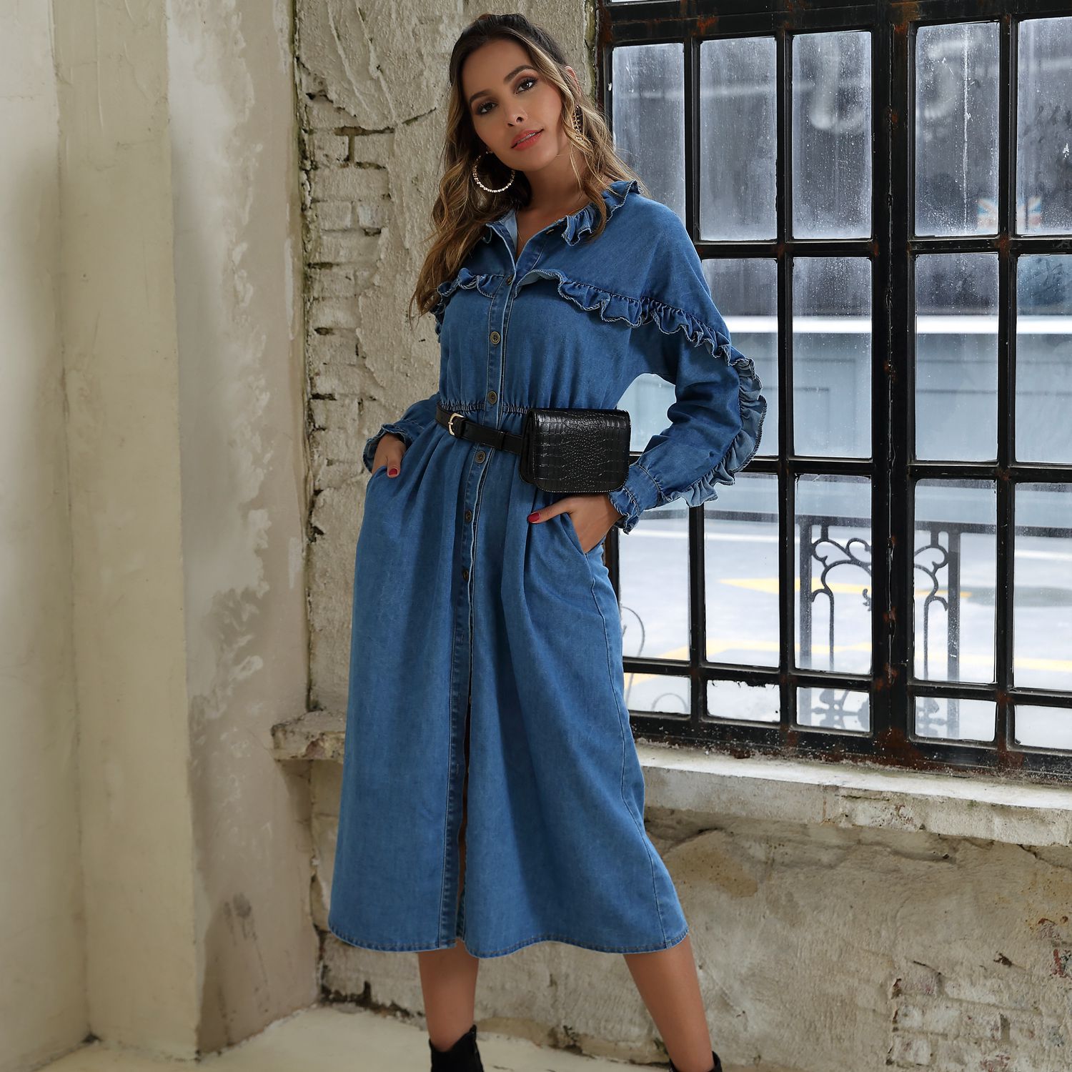 Long Sleeve Ruffled Hem Maxi Denim Dress Elegant Flared Split Design Autumn Winter Fashion for Women Wholesale