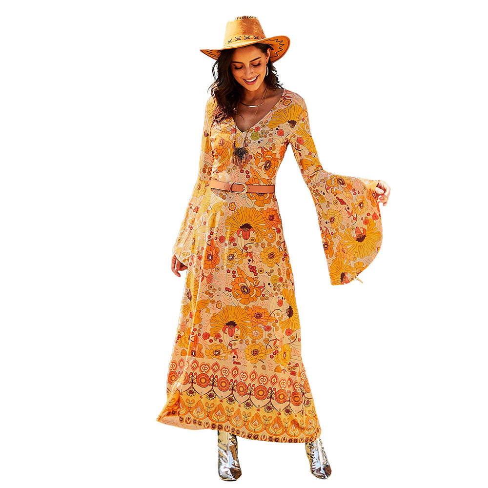Vintage Floral Long Sleeve Dress Sexy V Neck High Waist Flared Sleeves Elegant Evening Wear Wholesale Available