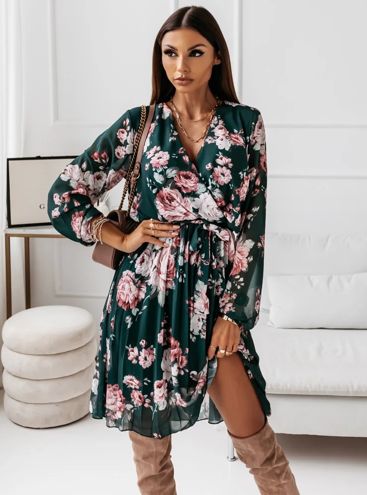 Chiffon Long Sleeve Printed Pleated Dress Elegant Design Lightweight Fabric Versatile Style Perfect for Spring and