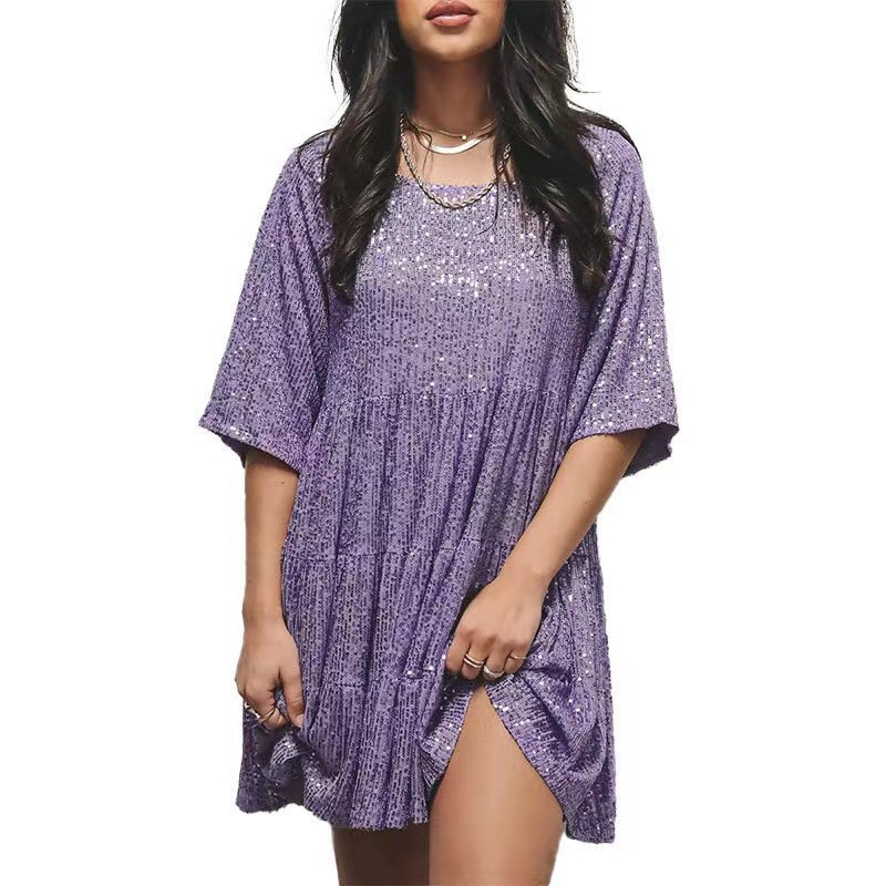 Sequin A Line Mini Dress Round Neck Short Sleeve Loose Fit Party Wear Evening Gown Wholesale Available