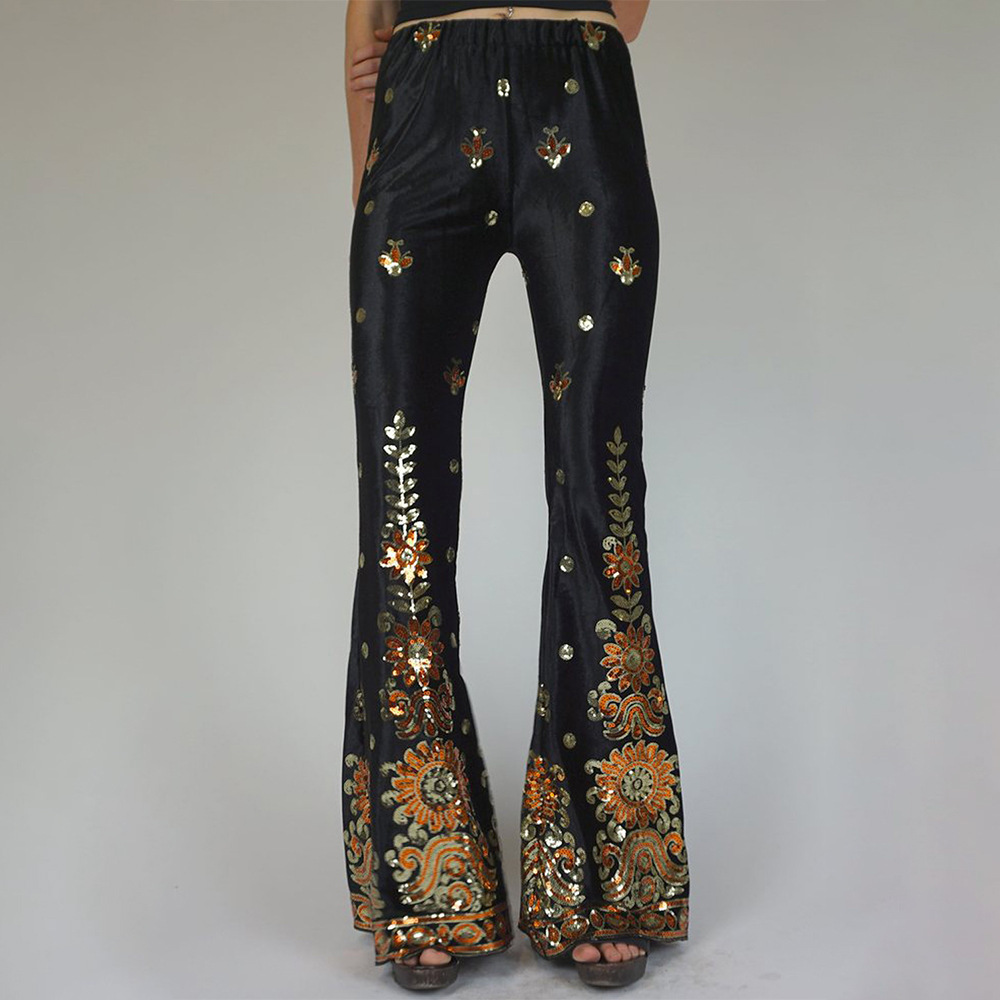 Velvet Wide Leg Pants for Women High Waist Sequin Embroidery Retro Style Perfect for Parties and Events Wholesale