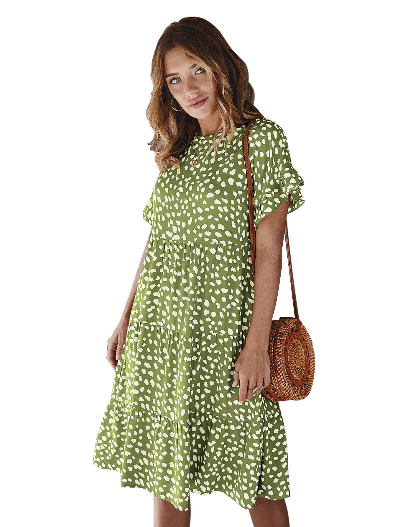 Designer Spring Dress Ruffle Sleeve Polka Dot Elegant Fit Perfect for Casual Outings Wholesale Available