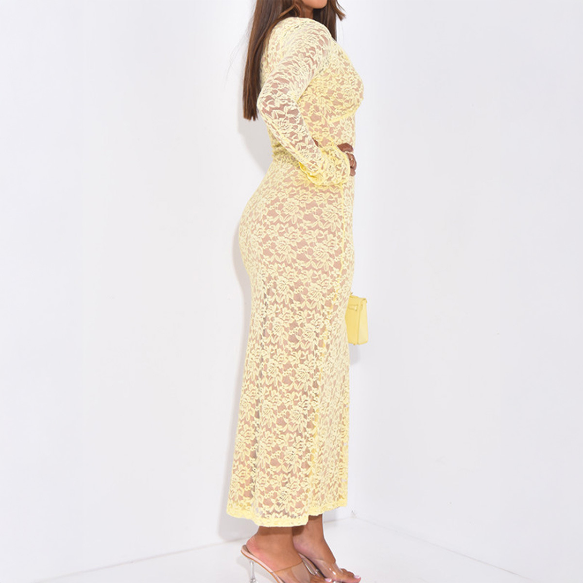 Y2K Sexy Lace Hollow Out Long Sleeve Long Dress Women Autumn Winter