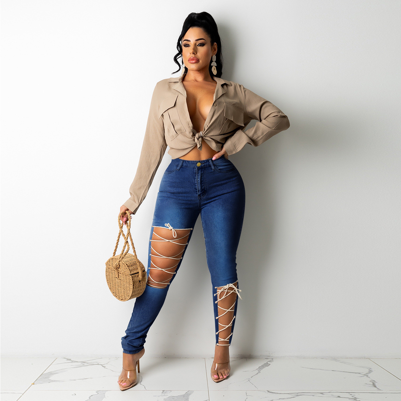 Fashionable Womens Denim Pants Creative Tie Design High Waist Casual Style Perfect for Autumn and Winter Wholesale
