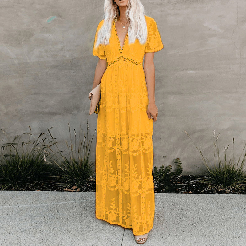 Lace Maxi Dress Embroidered V Neck Solid Color Summer Vacation Style Available in 6 Colors Wholesale