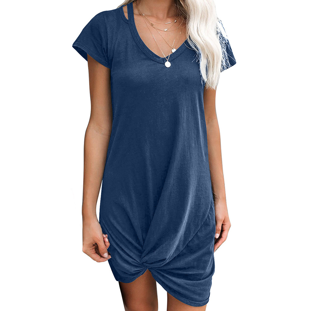Summer Casual Solid Color Loose T Shirt Dress Short Sleeve V Neck Asymmetrical Hem Versatile for Daily Wear