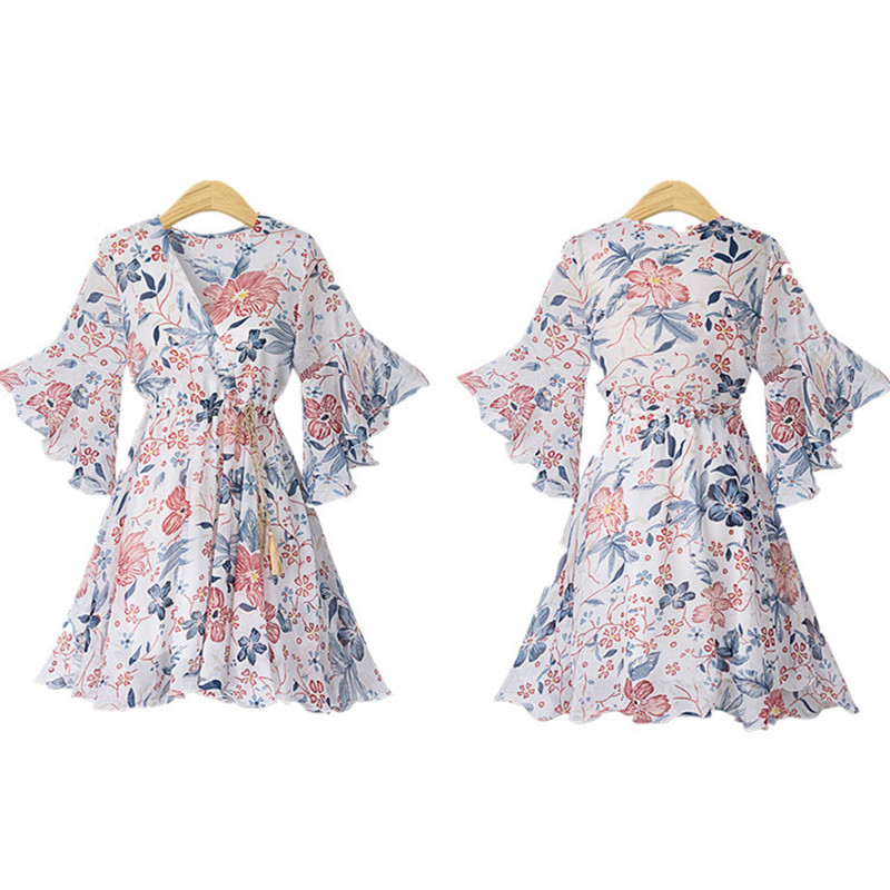 Plus Size Chiffon Floral Dress Loose Fit V Neck Waist Cinching Casual Wear for Petite Women Ready to Ship