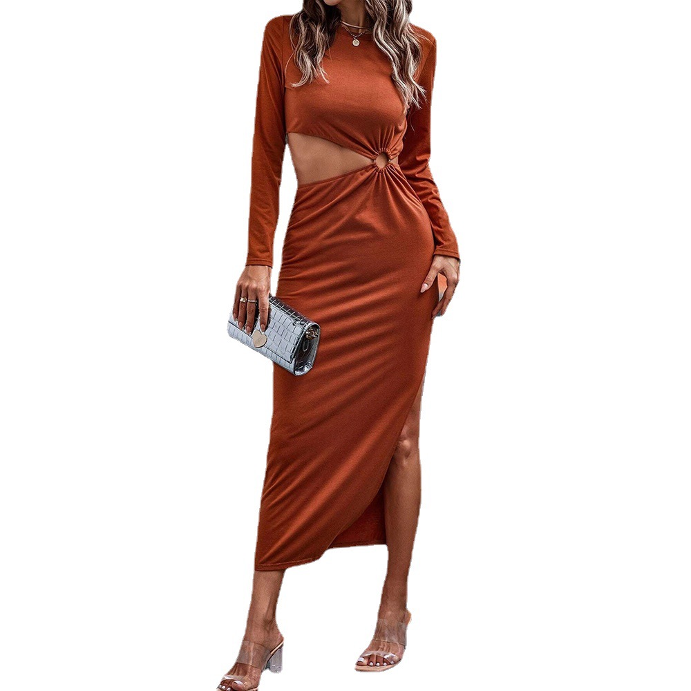 New Casual Slim Hollow Out Split Long Sleeve Knitted Dress
