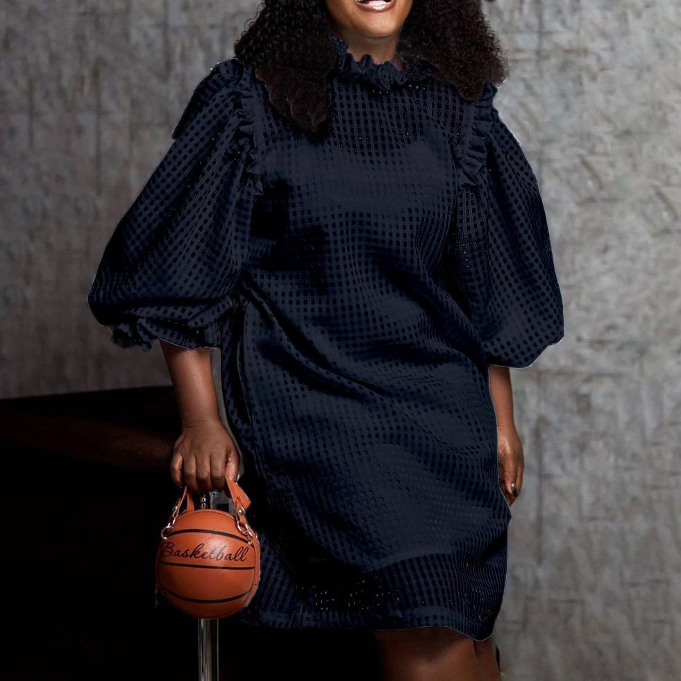 New Autumn Hollow Out Solid Color Puff Sleeve Two Piece Dress for Women, Stylish African Fashion, Cross Border Clothing