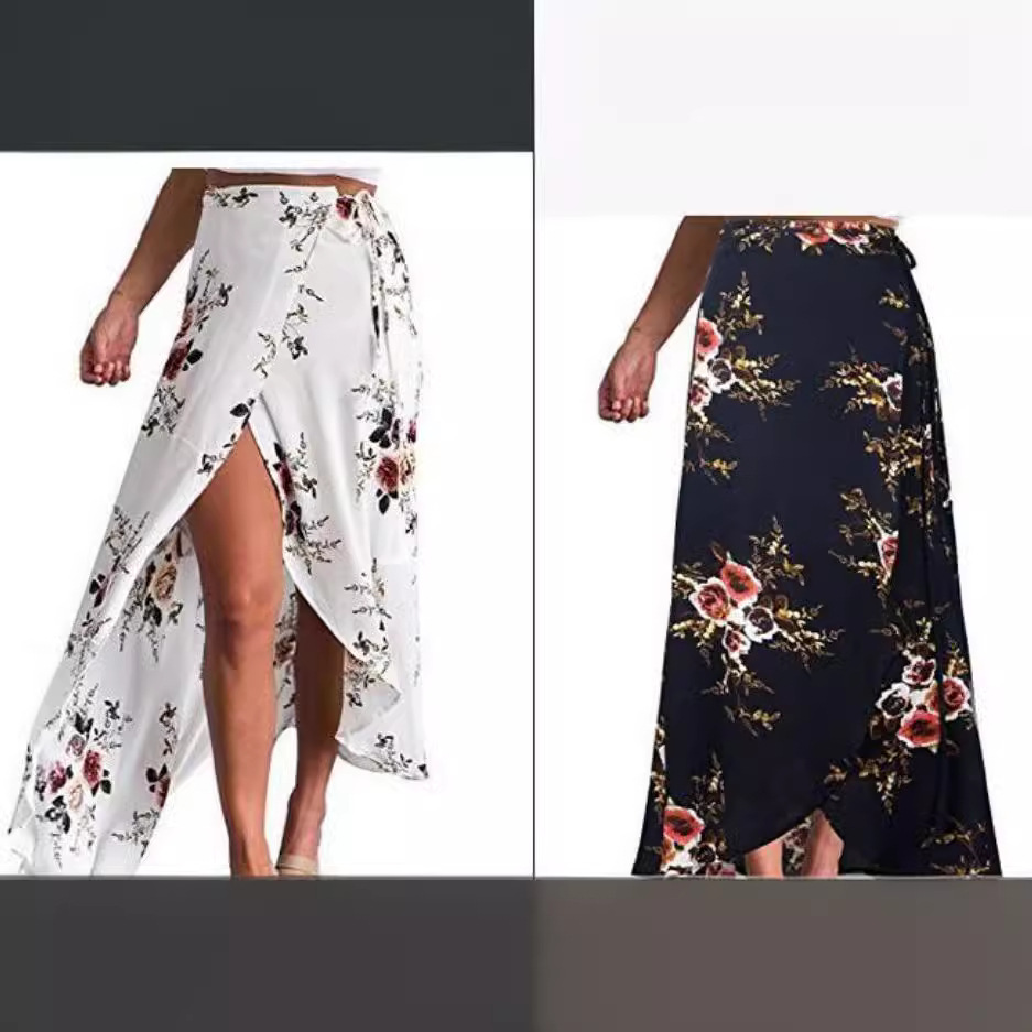 Floral Chiffon Midi Skirt Irregular Hem Tie Detail High Slit Summer Fashion for Women Wholesale Available