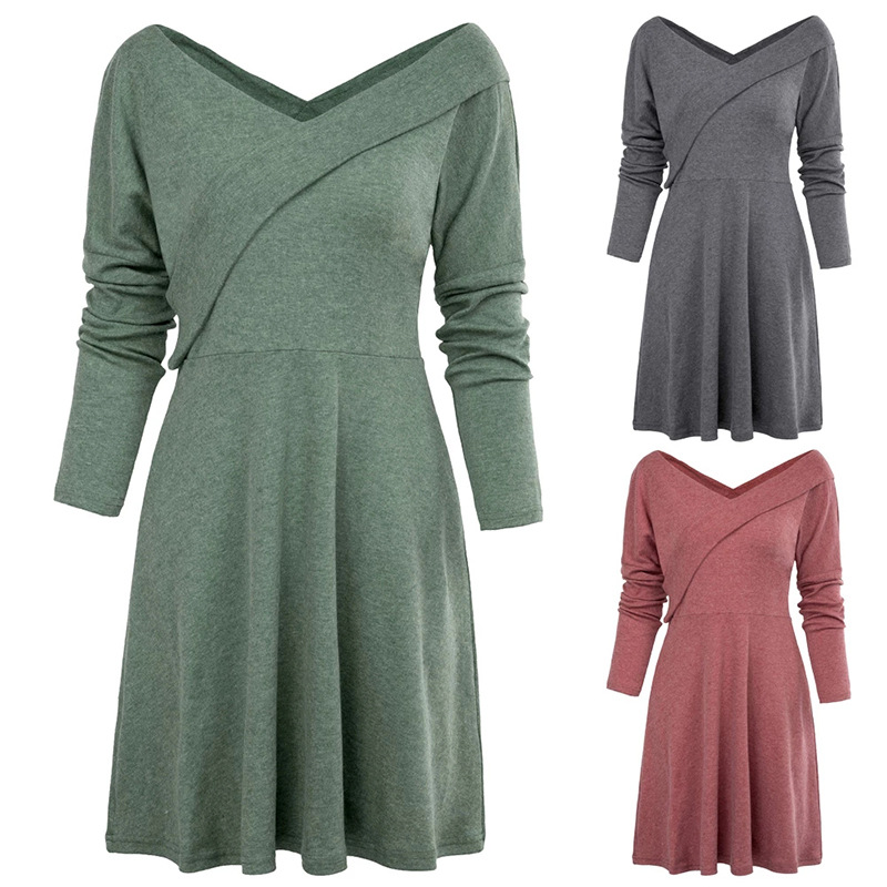 Womens Long Sleeve V Neck Dress Autumn Winter Style Casual Commuter Wear Ready to Ship customizable