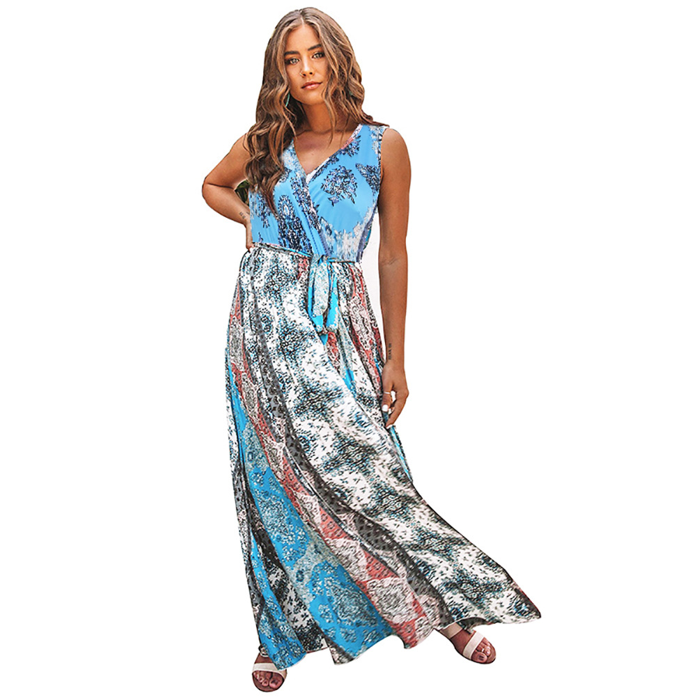 Summer Womens Dress Sleeveless V Neck Floral Print Split Hem Elastic Waist Casual Wear for Parties or Outings