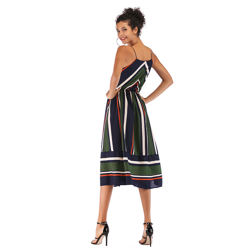 Womens Striped Color Block Chiffon Midi Dress V Neck Sleeveless Lightweight Fabric Spring Summer Fashion