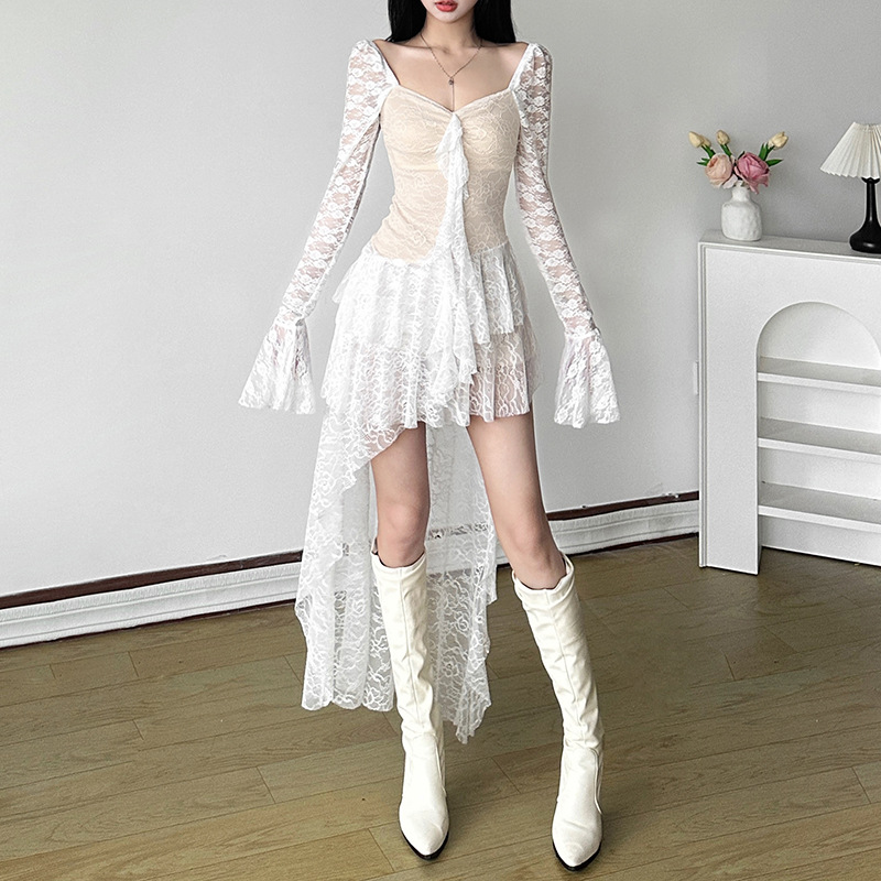 European and American Winter New Women's Fashion Sexy Flare Sleeve Lace Patchwork Irregular Mini Dress with Ties