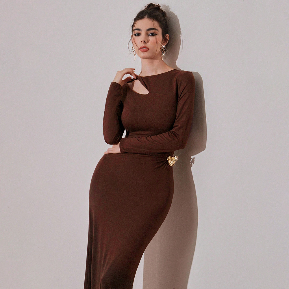 Foreign Trade French Retro Niche Design Hollow Long Sleeve Dress for Women Autumn Winter Atmosphere Slim Fit Gown Long Skirt