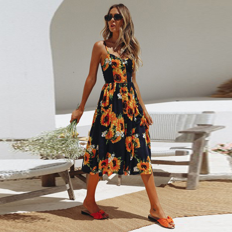 Sunflower Pineapple Print Button Back Sexy Slip Dress 36 Colors 6 Sizes Lightweight Fabric Summer Casual Wear