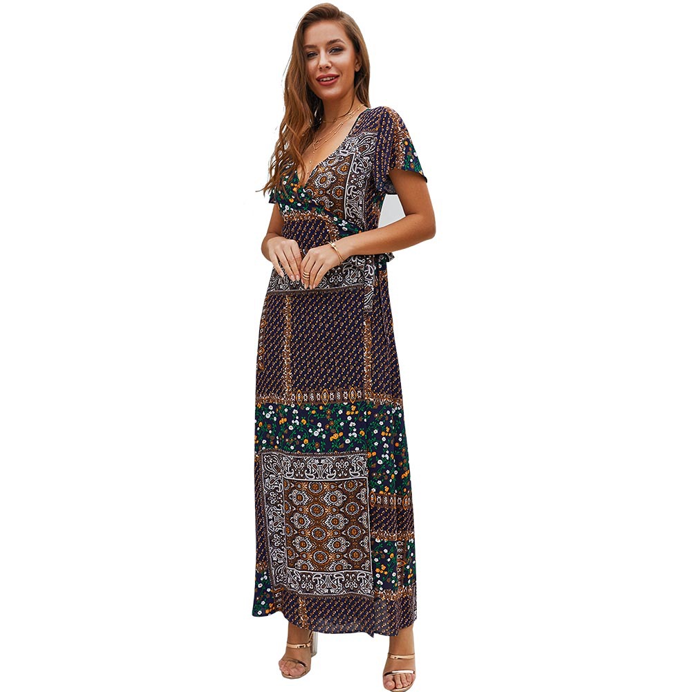 Bohemian V Neck Short Sleeve Dress Summer Collection Unique Design Lightweight Fabric Perfect for Casual Outings