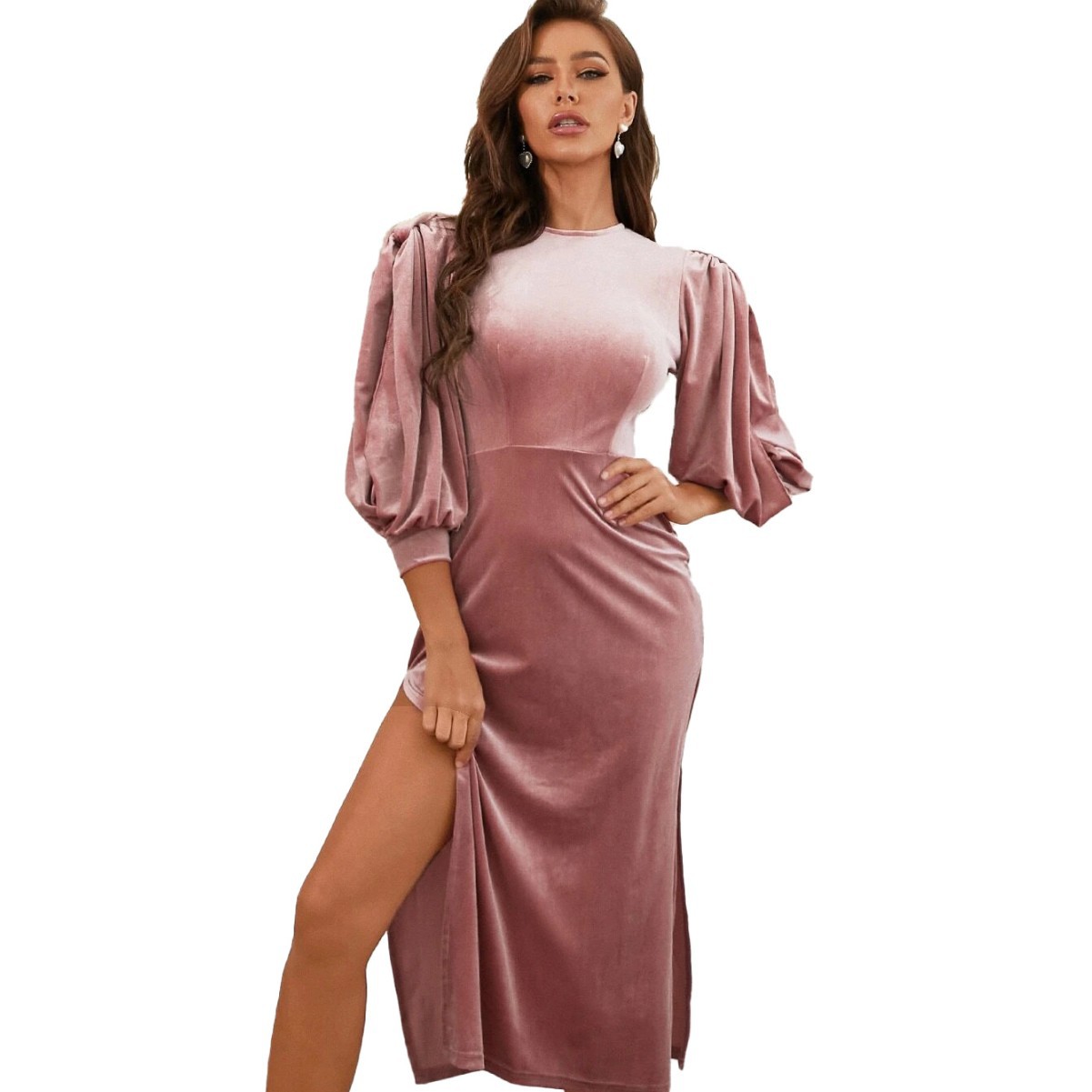 Women's Velvet Mid Length Dress with Puff Sleeves and Side Slit