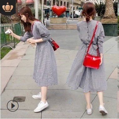 Vintage Inspired Plaid Long Dress Slim Fit Waist Defining Korean Style Casual College Fashion Wholesale Available