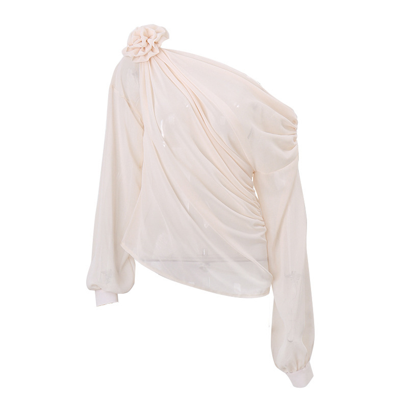 Womens Long Sleeve T Shirt Sheer Mesh Floral Embellishments Asymmetrical Shoulder Trendy Street Style Wholesale