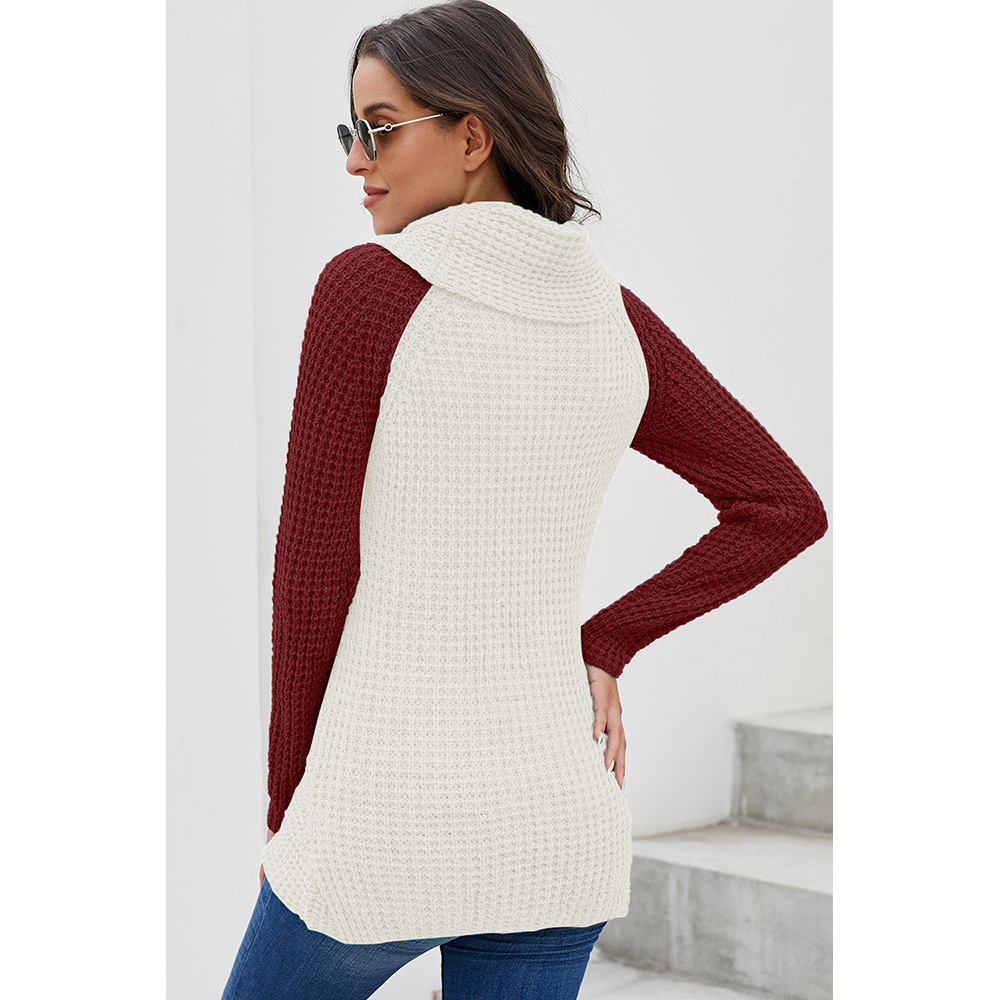 Womens Winter Sweater Color Block High Neck Button Detail Long Sleeve Asymmetrical Knit Casual Wear OEM