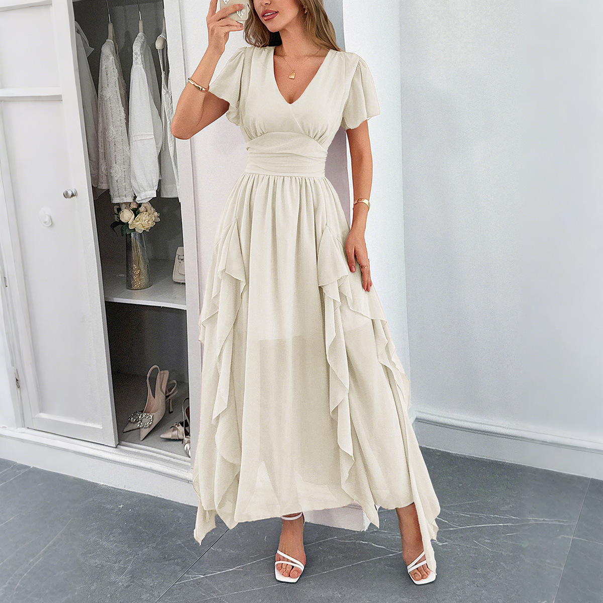 Casual Vacation Style Short Sleeve Waist Tied Long Dress for Women Spring Summer