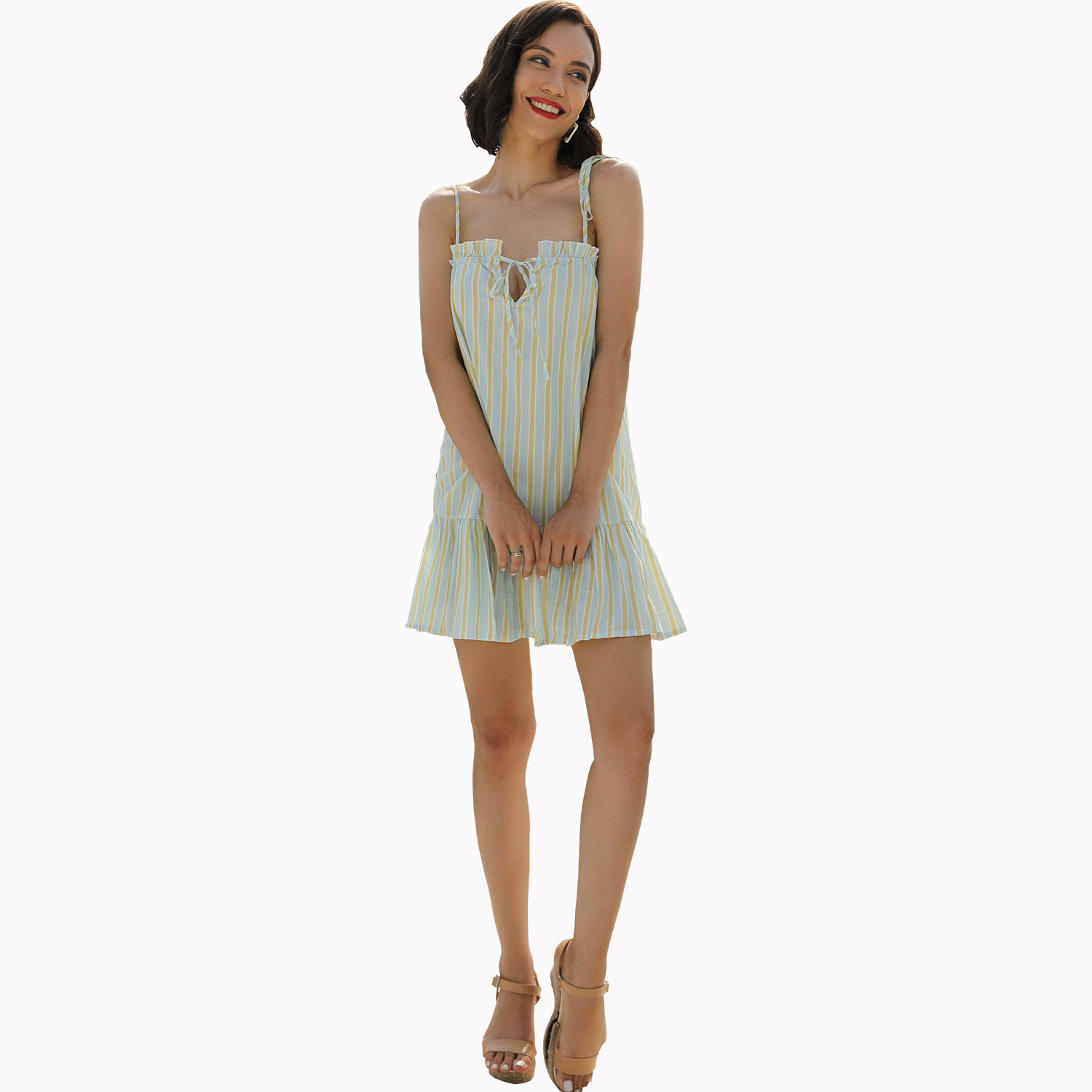 Striped Ruffle Hem Dress Bow Tie Straps Elegant Design Lightweight Fabric Perfect for Summer Events Wholesale