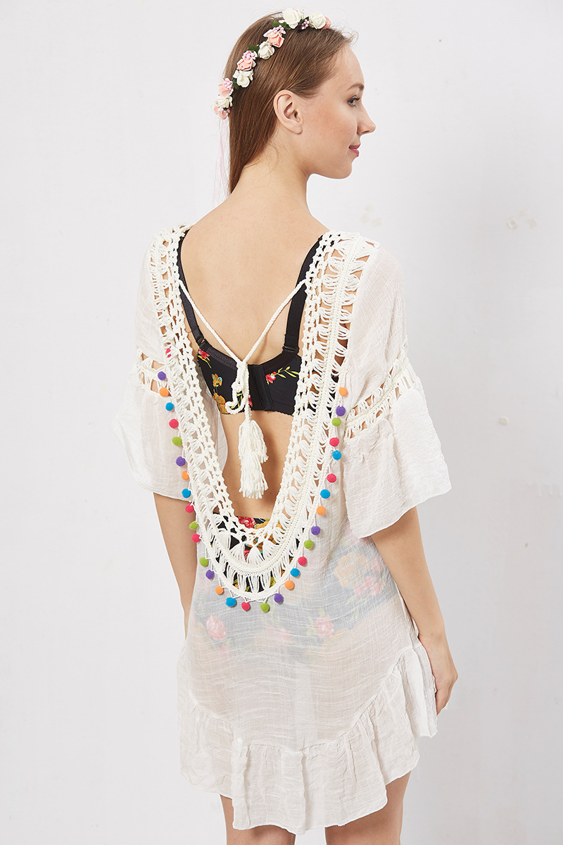 New Arrival Sexy Hollow U Back Tie Beach Bikini — Hand Crochet Cover Up, Colorful Ball Tassels, Comfortable Fit — Summer Swimw