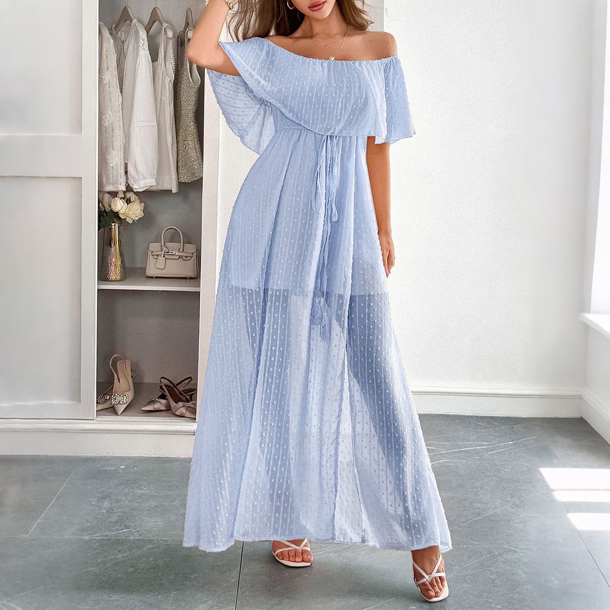 Elegant Strapless Waist Defined Short Sleeve Long Dress for Women Summer