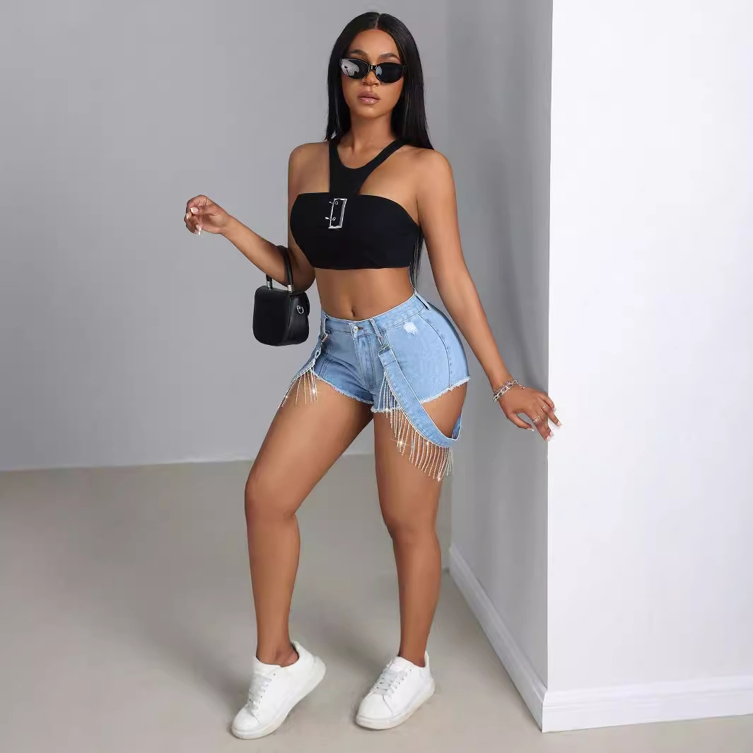 Fringe Hem Denim Shorts Slim Fit Tie Detail Casual Style Perfect for Summer Outings Wholesale Available